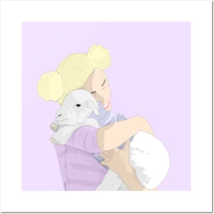 Girl hugging a lamb Posters and Art